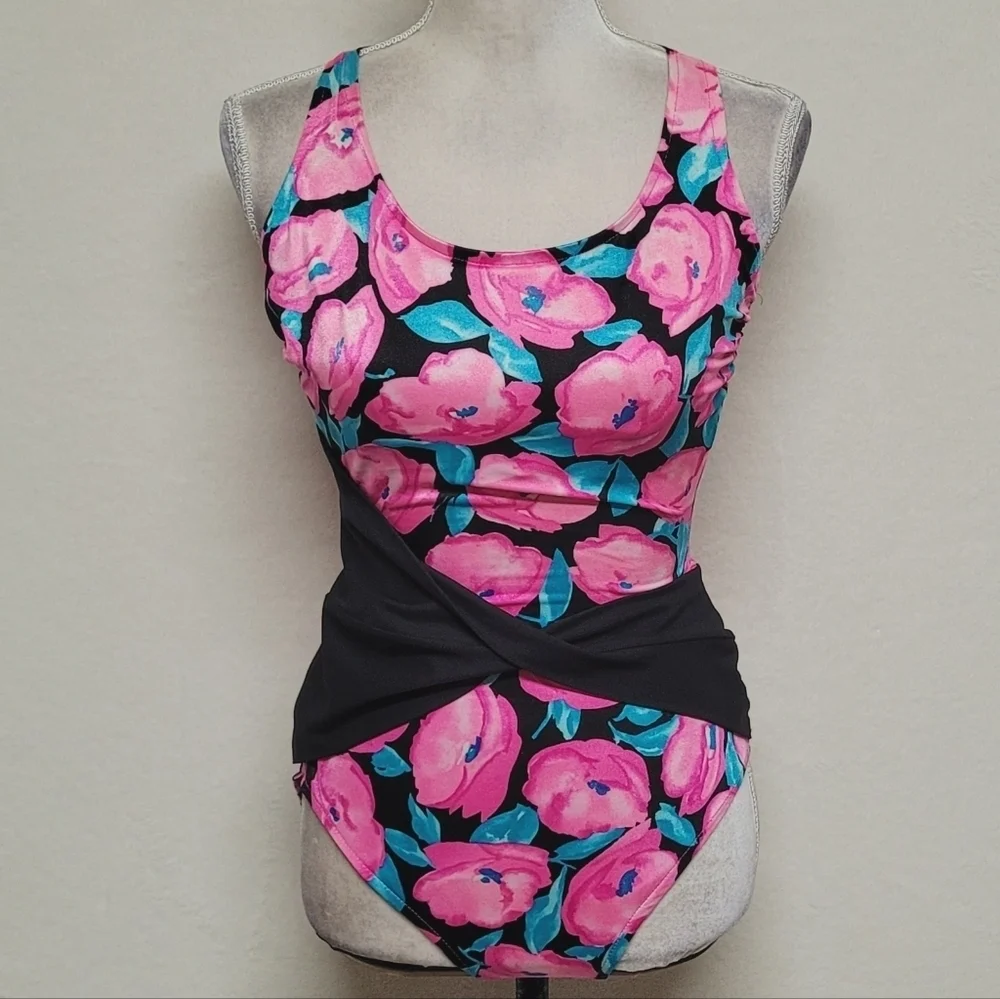 Union Made 70s Vintage Robby Len Pink Rose Half-Belt Low Back One-piece Swimsuit